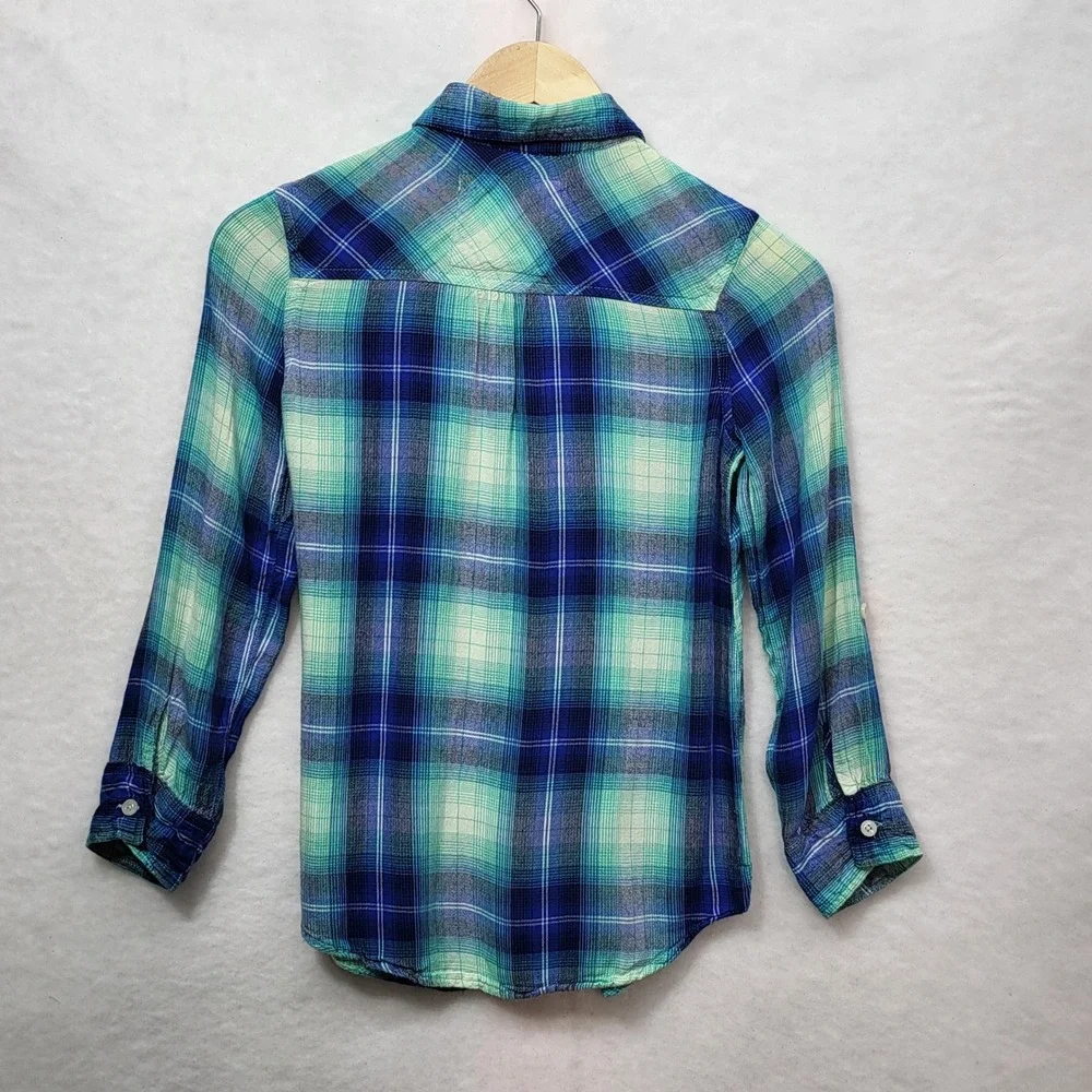 Justice Girls Blue Teal Plaid Button Down Shirt Roll Tab Sleeve Size 10 Rayon